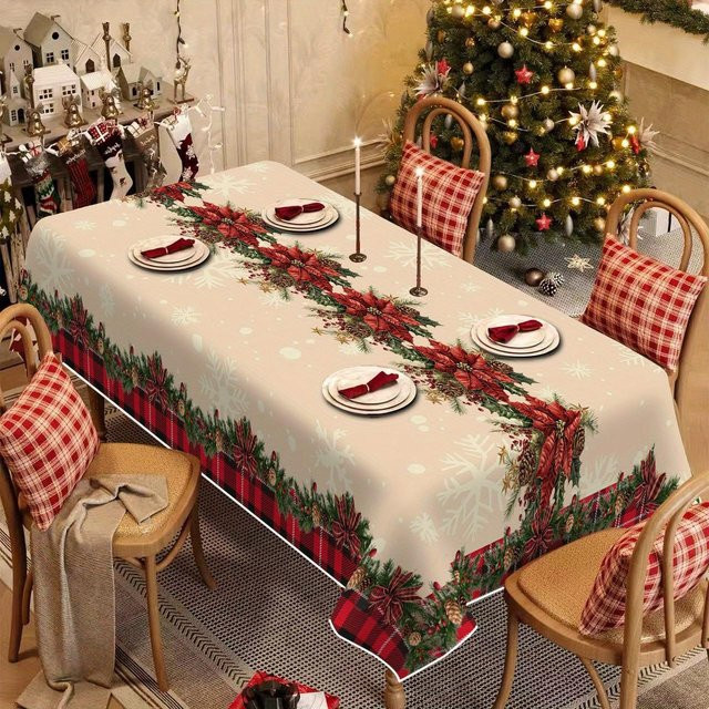 Wasserdichte Weihnachtstischdecke Beau Maison mit Weihnachtsstern und Tannennadeln in Beige, B/T: 100 x 160 cm - Bild 1