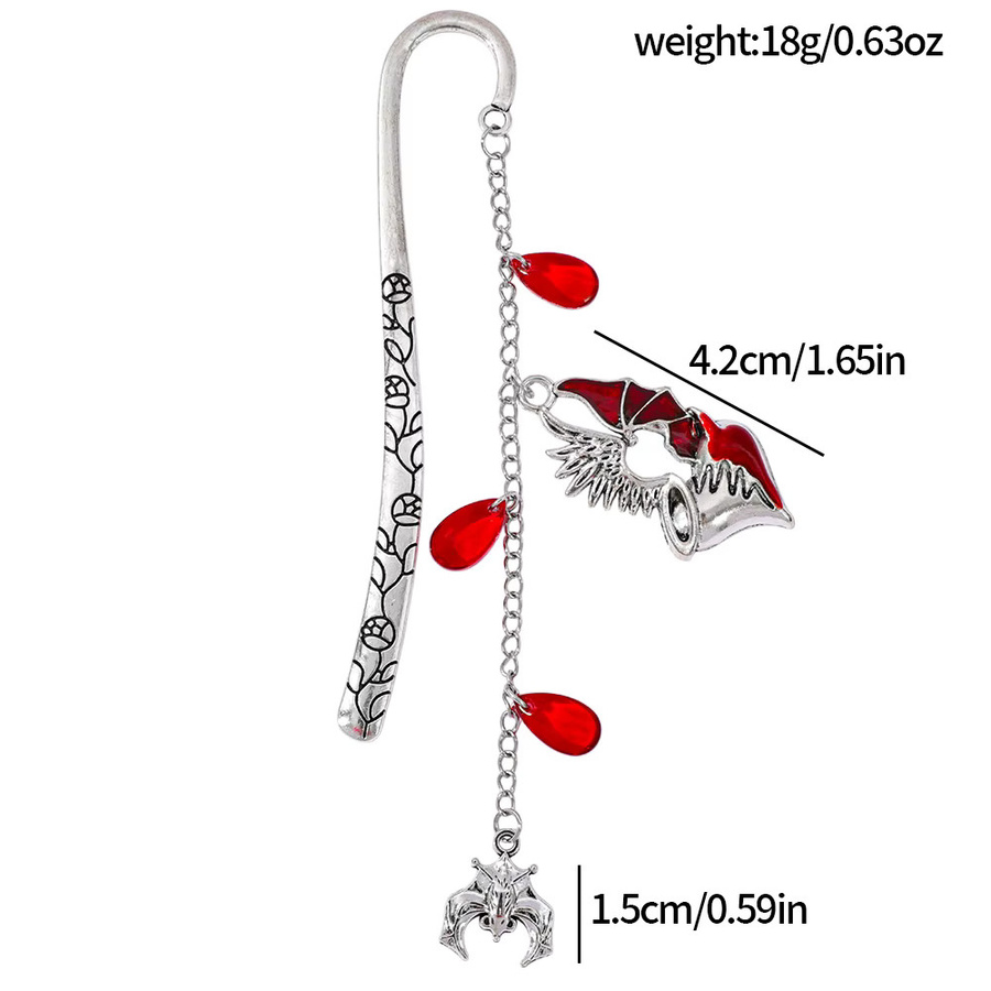 Gotisches Metall-Lesezeichen mit rotem Kristall-Totenkopf, Spinnen und Skelett-Anhänger in Silber und Rot für Dark Academia Liebhaber - Bild 4