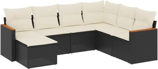 vidaXL 7-teilige Garten-Sofagarnitur in L-Form aus Poly-Rattan und Akazienholz mit Kissen in Schwarz - Bild 1