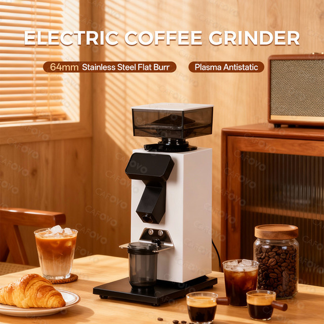 CAFOVO G964F Kaffeemühle mit 64 mm Flachmahlscheiben, zeitbasierte Dosiermühle mit Plasma-Antistatik-Technik für Espresso und Filterkaffee, Weiß - Bild 1
