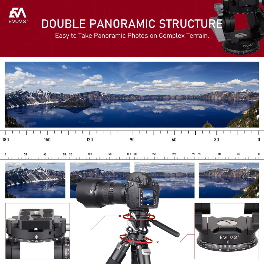 EVUMO Panorama Stativkopf mit Arca-Schweizer Schnellwechselplatte in Schwarz für Kamera und Video mit einer maximalen Traglast von 10 kg - Bild 5