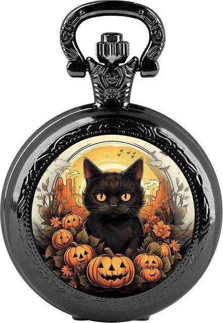 RUNERR Halloween Quarz-Taschenuhr mit schwarzer Katze, Glaskuppel und Kette, Schwarz - Bild 1