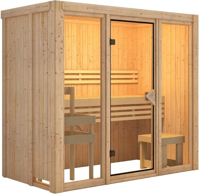 Karibu Sauna Sky 2 aus nordischer Fichte, naturbelassen, braun, B/T/H: 104 x 104 x 104 cm - Bild 1