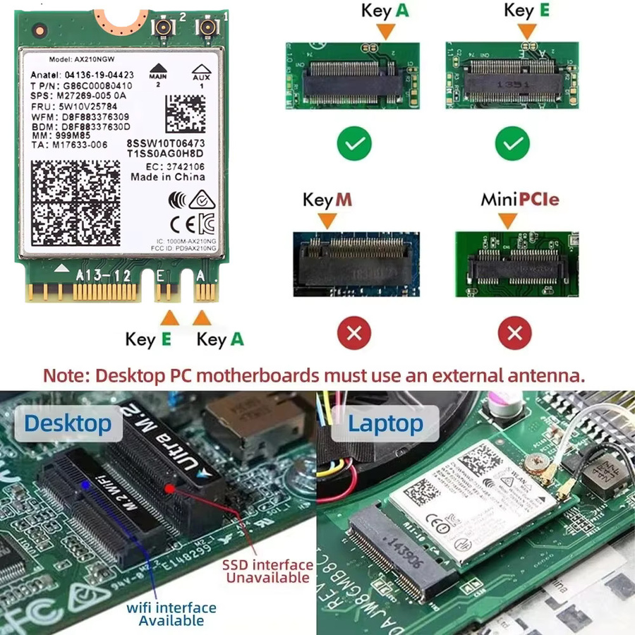 KEBIDUMEI AX210NGW WiFi 6E Netzwerkadapter mit Bluetooth 5.3, M.2 NGFF Wireless Karte für Laptop und PC, unterstützt 2,4G/5G/6GHz, kompatibel mit Windows 10 und 11 - Bild 3