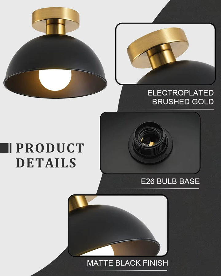 SUNMEIYI Deckenleuchte im nordischen Stil mit Metallschirm in Schwarz und Gold/Messing, E27-Fassung, für Flur, Balkon und Wohnbereich - Bild 3