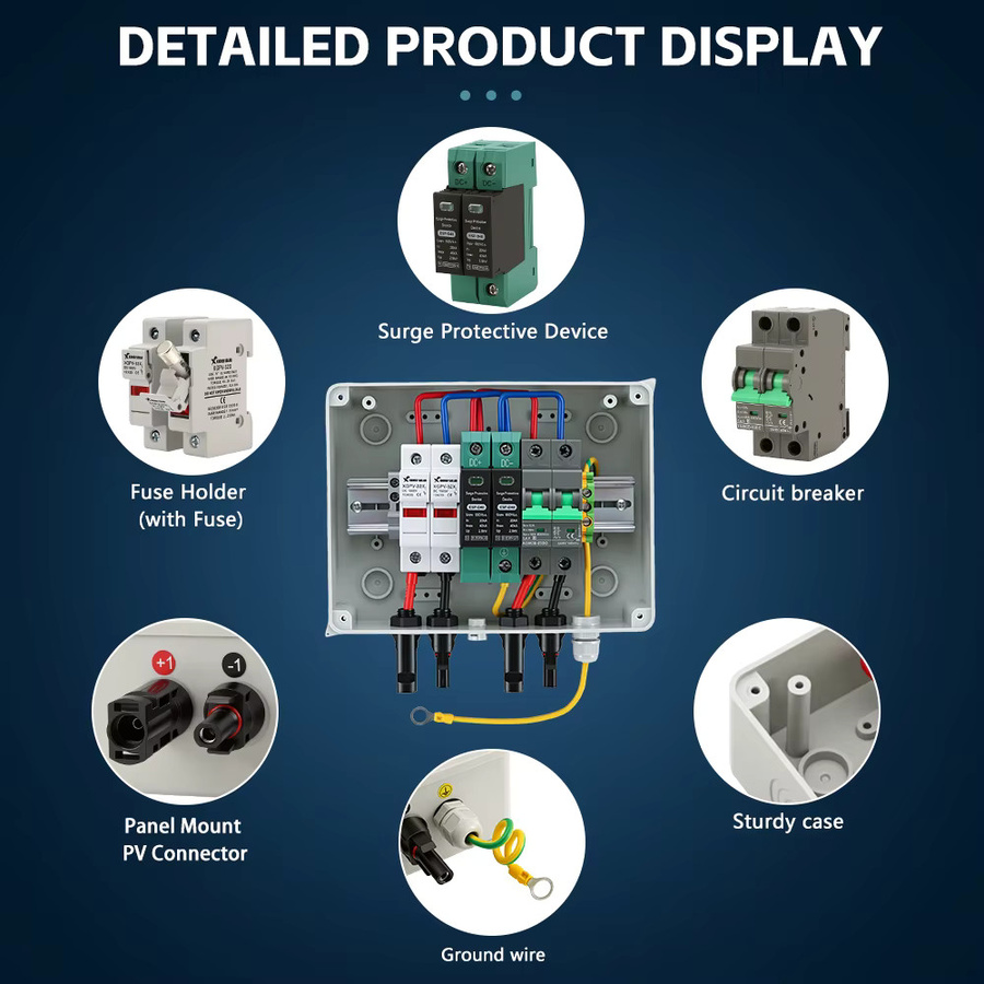 XIONGISOLAR Solar Photovoltaik PV Combiner Box mit Blitzschutz, 1 in 1 out DC 600 V, Sicherung MCB und SPD, wasserdichte IP65 Box, grau - Bild 3