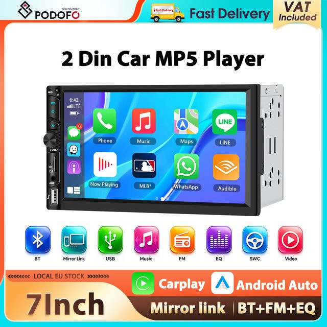 Podofo 2Din 7 Zoll Autoradio mit kabellosem Carplay und Android Auto, Bluetooth, AUX und EQ Sound, Schwarz - Bild 1