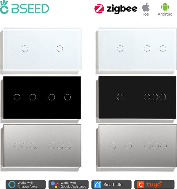 Bseed Zigbee Smart Light Touch Schalter mit Kristall Glas Panel in Schwarz, kompatibel mit Tuya, Smart Life und Google Assistant, EU Standard - Bild 1