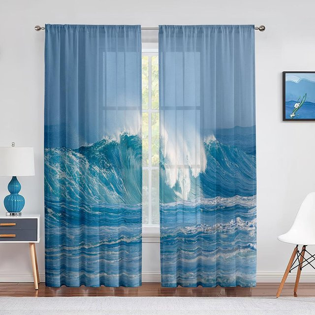Binchi Outdoor Equipment Transparenter Chiffon-Vorhang mit Ozean- und Wellen-Design in Blau, Breite: 100 cm, Höhe: 250 cm - Bild 1