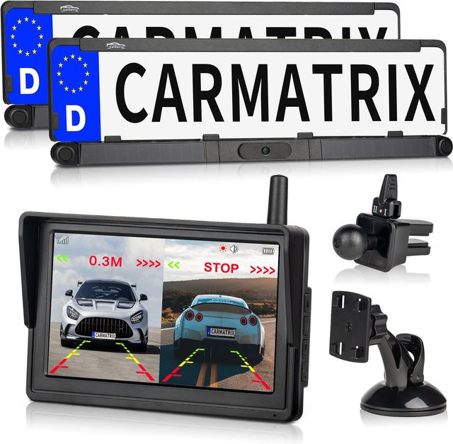 CARMATRIX Solar Rückfahrsystem mit HD Rückfahrkamera im Nummernschild und Einparksensoren für Front und Heck, Schwarz - Bild 1
