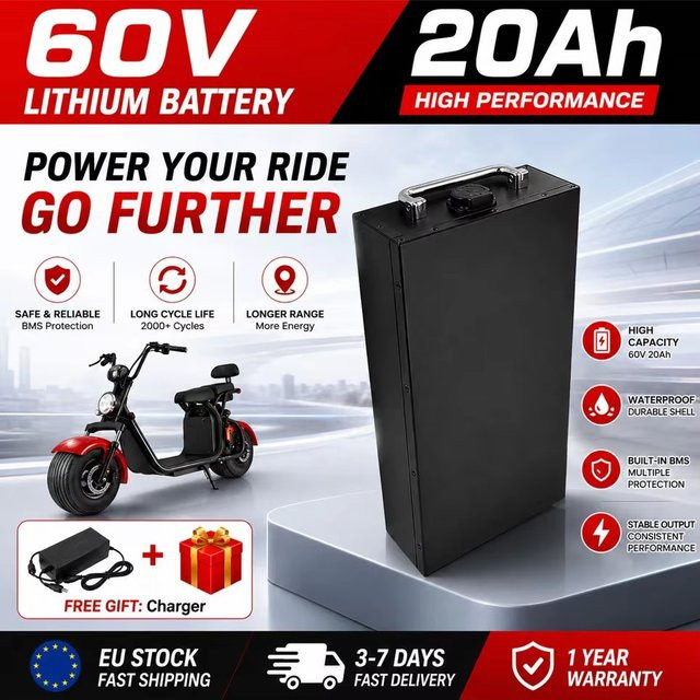 Lithium-Akku für Harley-Style CityCoco Elektroroller, 60V 40Ah, Schwarz, inklusive BMS-Schutz und 67,2V Ladegerät - Bild 1
