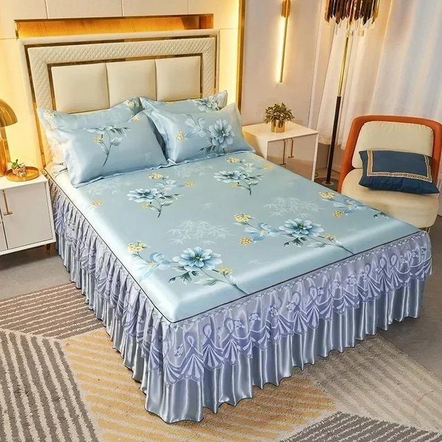 3-teiliges Bettwäscheset Binchi Outdoor Equipment mit Spitze in Königsblau, bestehend aus Tagesdecke, Bettvolant und Kissenbezug, B/T: 150 x 200 cm - Bild 1