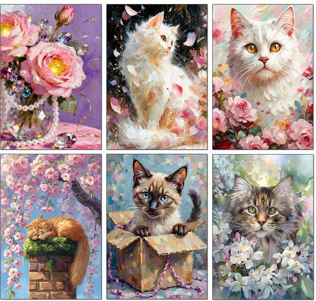 QIZITENG DIY Mosaik-Bild mit Katzen und Blumenlandschaft als Diamant-Stickerei in Multicolour, B/H: 20 x 30 cm - Bild 1