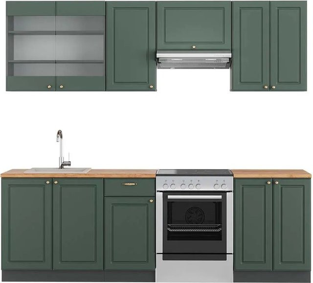 Vicco Fame-Line Küchenschränke Landhausstil in Grün-Gold und Anthrazit mit Eiche-Optik, Breite: 240 cm - Bild 1