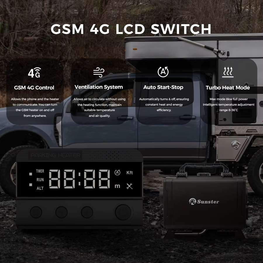 Sunster Diesel-Luftheizung 8KW mit GSM LTE 4G, LCD-Panel und Belüftung, 12V/24V/220V, Schwarz - Bild 2