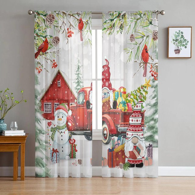 Transparente Weihnachts-Vorhänge mit LKW, Schneemann und Wichtel Motiv in Braun, B: 135 cm, H: 115 cm - Bild 1
