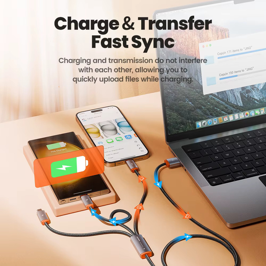 Toocki 3-in-1 USB-Multikabel mit USB-A auf USB-C und Lightning für schnelles Laden, Orange - Bild 2