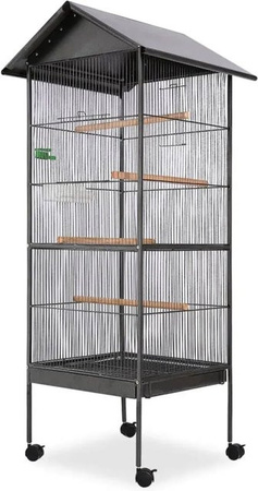 vidaXL Vogelkäfig mit Dach aus Stahl und Holz in Schwarz, B/T/H: 66 x 66 x 155 cm