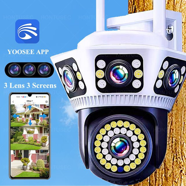 YOOSEE 6K 12MP Outdoor Sicherheitssystem mit 3 Objektiven und 3 Bildschirmen, Wifi PTZ Kamera, Wasserdicht, Zwei-Wege-Audio und Farb-Nachtsicht, Weiß - Bild 1