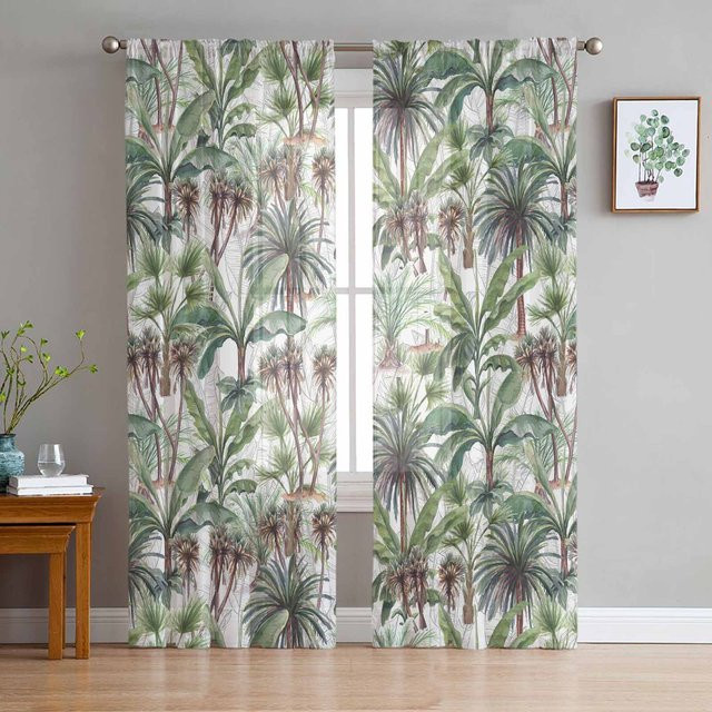 Transparente Voile-Organza-Vorhänge mit tropischem Palmenmuster von Household supplies MH, Farbe: Grau, Breite: 135 cm, Höhe: 115 cm - Bild 1