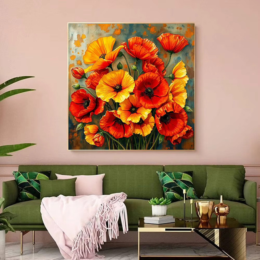 Huacan Diamantmalerei Mohnblume Blumen-Komplettset in Rot mit runden Steinen, B/H: 20 x 20 cm - Bild 3