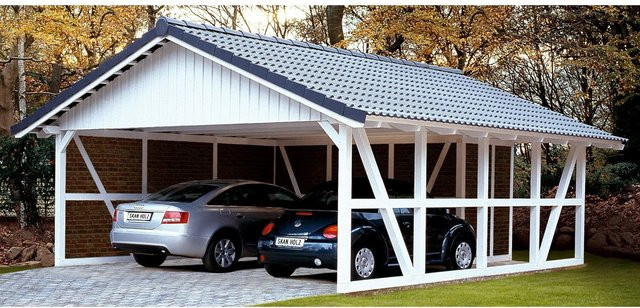 Skan Holz Fachwerk-Doppelcarport Schwarzwald aus Nadelholz mit spitzer Dachform, B: 684 cm, T: 772 cm - Bild 1