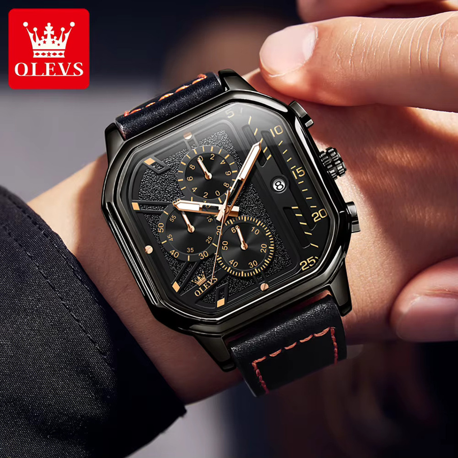 OLEVS Armbanduhr, Chronograph, Quarz, Leder, Schwarz, Herren - Bild 4