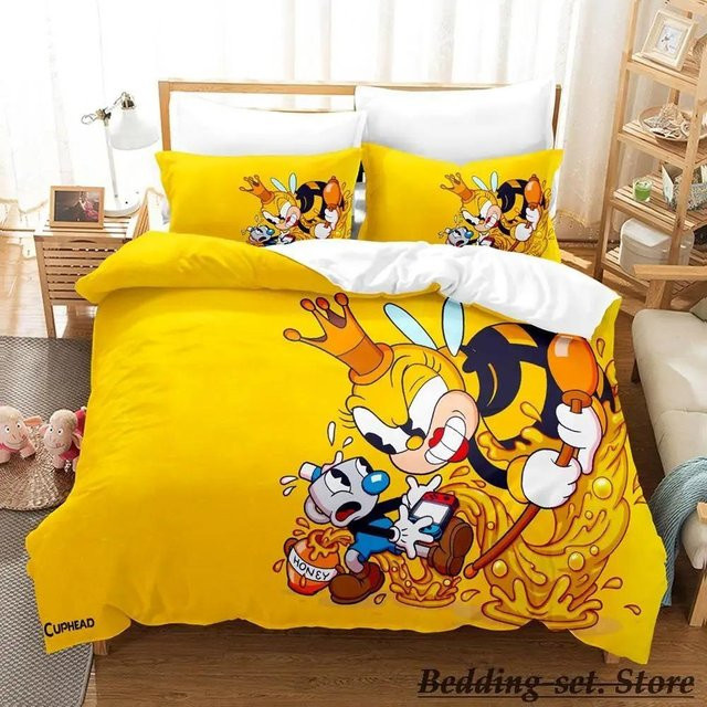Cuphead Mugman 3D Bettwäsche-Set mit Bettbezug und Kissenbezügen in Gelb für Erwachsene und Kinder, B/H: 70 x 133 cm - Bild 1