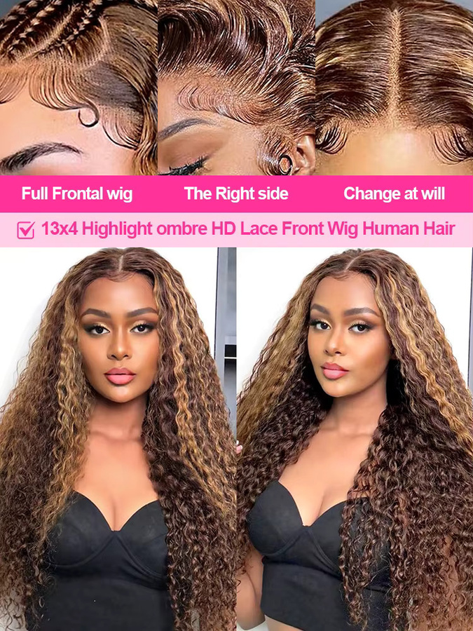 CEXXY Echthaarperücke, HD Lace Frontal, Ombre Curly, Braun, Deep Water Wave - Bild 4