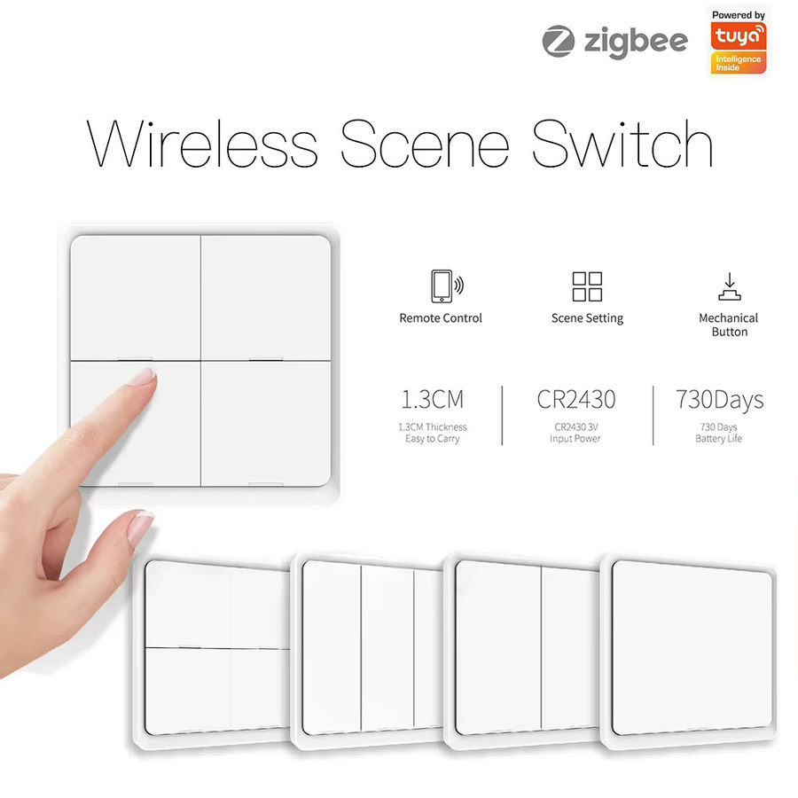 MOES 4-Gang Tuya ZigBee Wireless Scene Switch in Weiß mit 12 anpassbaren Automatisierungsszenarien und batteriebetriebener Drucktastensteuerung - Bild 2