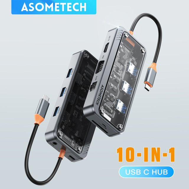ASOMETECH 10-in-1 USB C Hub Dockingstation mit HDMI 4K, RJ45 Ethernet, SD/TF Kartenleser und PD 100W in Grau - Bild 1