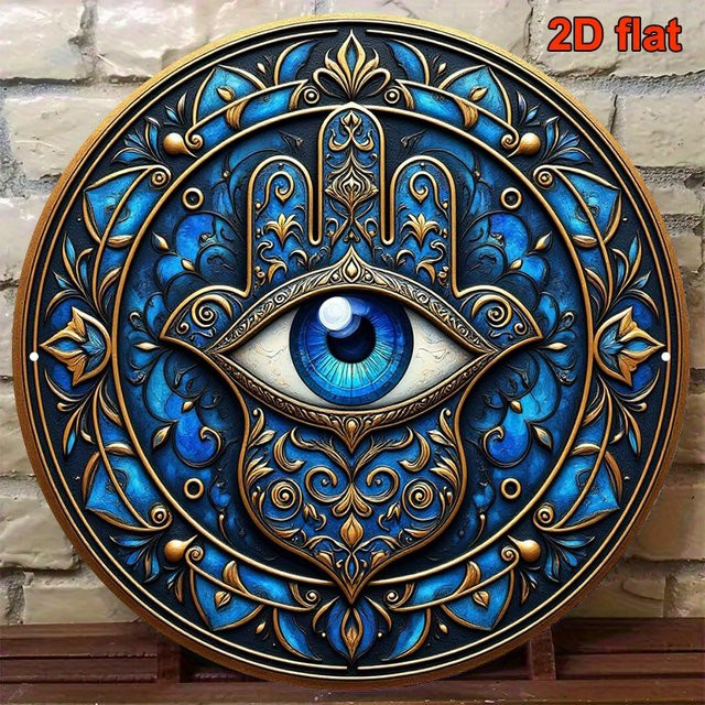CIFBUY Blue Evil Eye Hand of Fatima Wandkunst, rundes Metallschild in Blau, Boho-Deko für Wohnzimmer, Schlafzimmer und Büro, Durchmesser: 20,3 cm - Bild 1