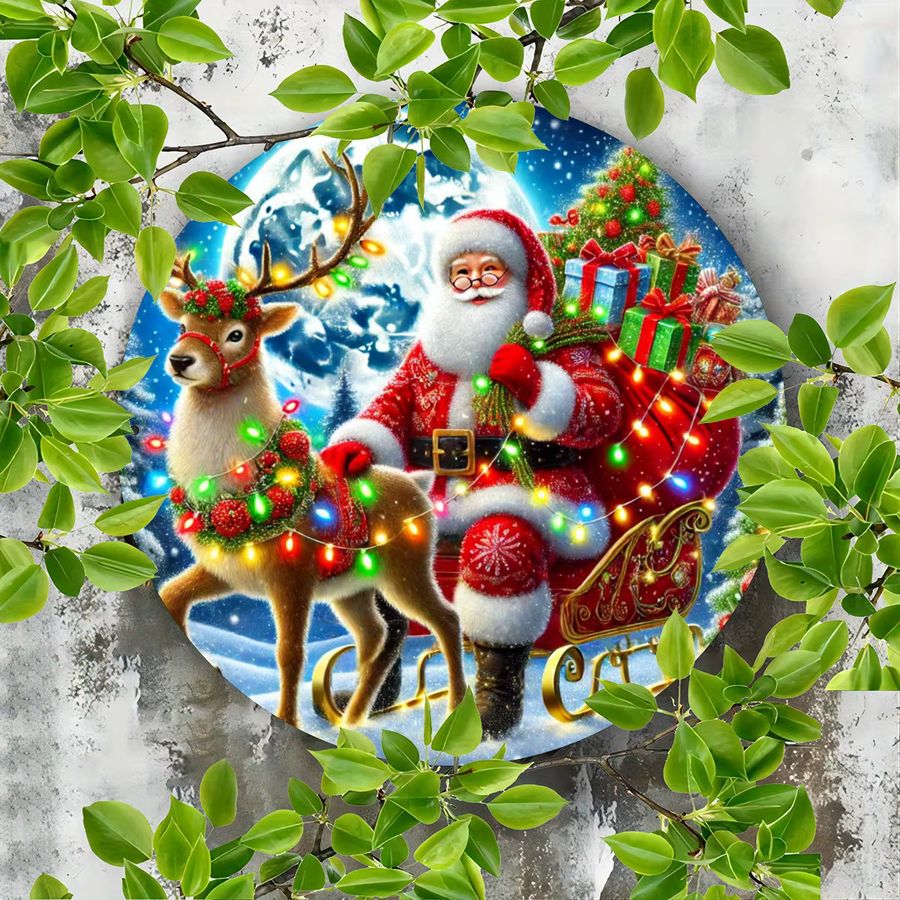 Rundes Metallschild Potdemiel mit Weihnachts-Rentier-Szene in Multicolor, Durchmesser: 20,3 cm - Bild 2