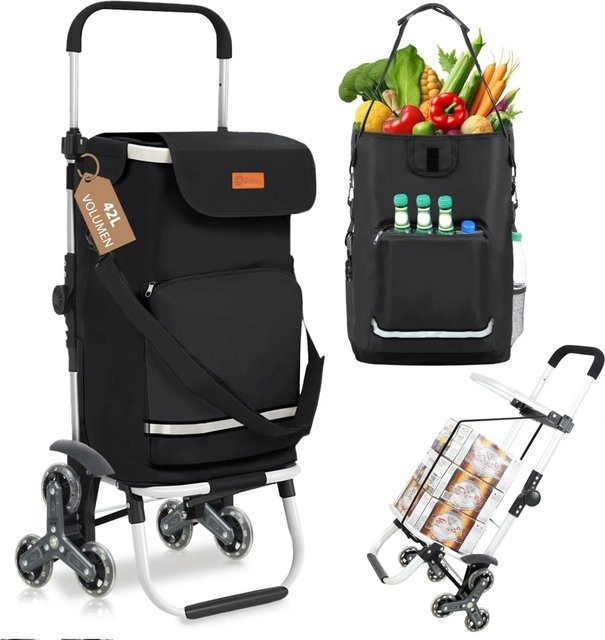 Sekey 3-in-1 Faltbarer Einkaufstrolley Treppensteiger mit Kühlfach und Spanngurt Schwarz - Bild 1