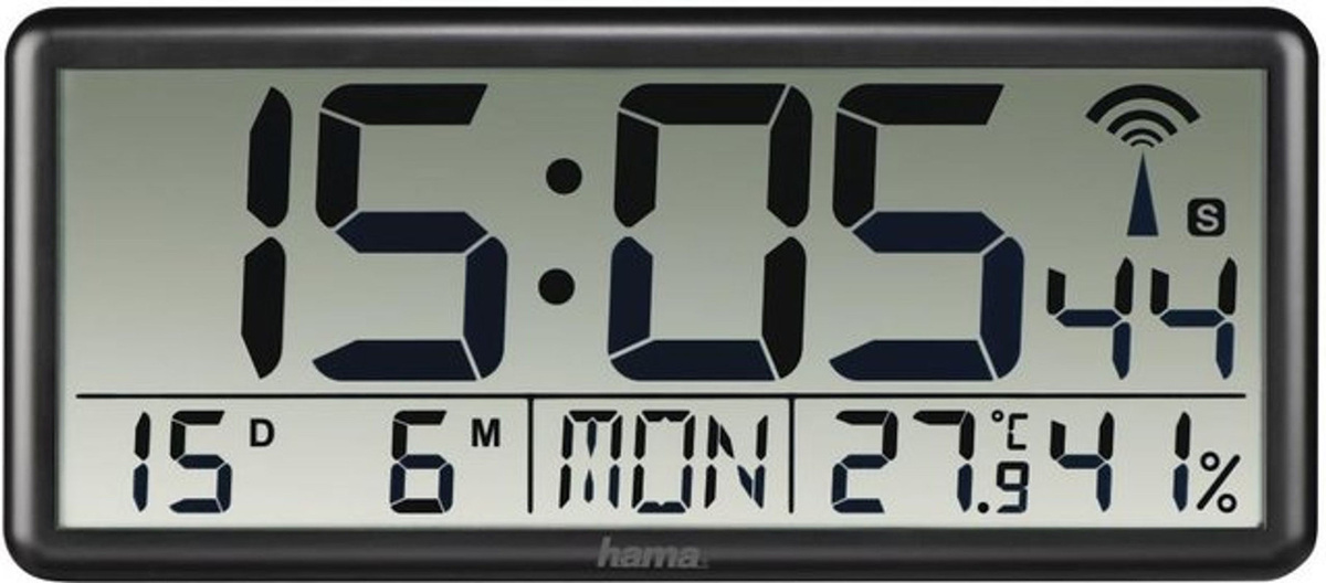 Hama Digitale Funkwanduhr Jumbo in Schwarz mit Thermometer, Hygrometer und Datumsanzeige - Bild 1