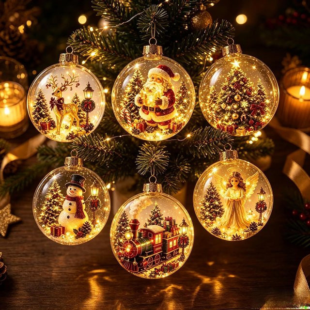 YDM Beauty Life Weihnachtsornamente im 6er Pack mit LED-Licht, Mini-Weihnachtsszenen aus Glas mit Santa, Schneemann und Rentier, Farbe Braun und Multicolour - Bild 1