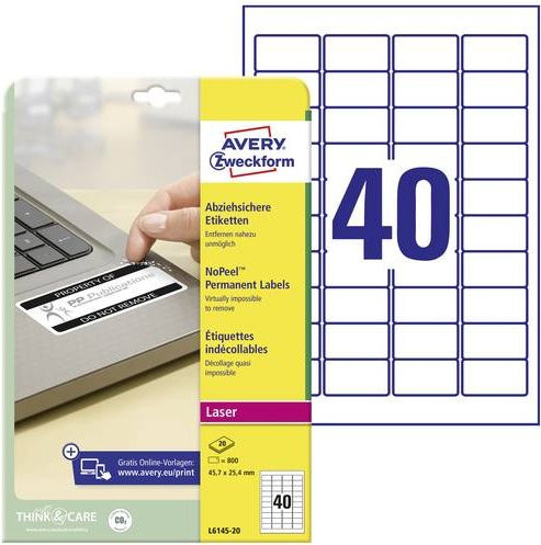 Avery Zweckform L6145-20 Sicherheits-Etiketten aus weißer Polyester-Folie für Laserdrucker, B/H: 4,57 x 2,54 cm, 800 Stück - Bild 1
