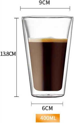 Yiran Furniture Doppellagiges Kaffeeglas im nordischen Stil, Trapezförmiger Trinkbecher für Milchtee, Cappuccino oder Limonade, 400ml, Schwarz - Bild 1