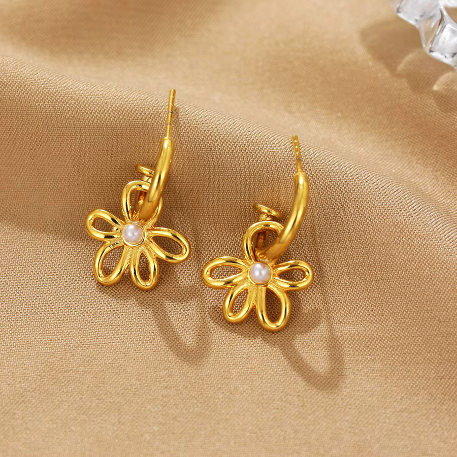 Erpels Creolen, Blumen-Anhänger-Ohrring, Imitationsperle, 18 Karat vergoldet, Edelstahl - Bild 2