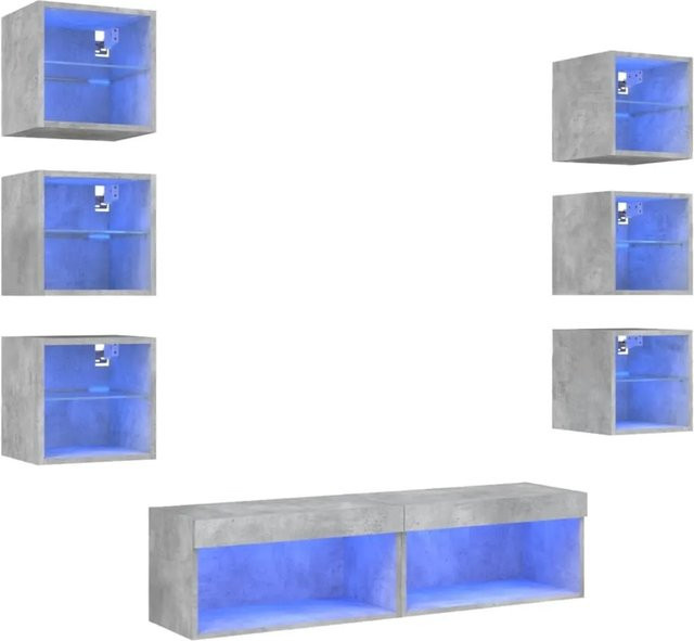 vidaXL 8-teilige moderne Wohnwand mit LED-Beleuchtung in Betongrau aus Holzwerkstoff und Glas, wandmontiert - Bild 1