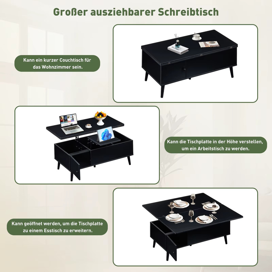 Lemroe Couchtisch in Schwarz, höhenverstellbarer 4-in-1 Multifunktions-Wohnzimmertisch mit Stauraum und modernem Design - Bild 5