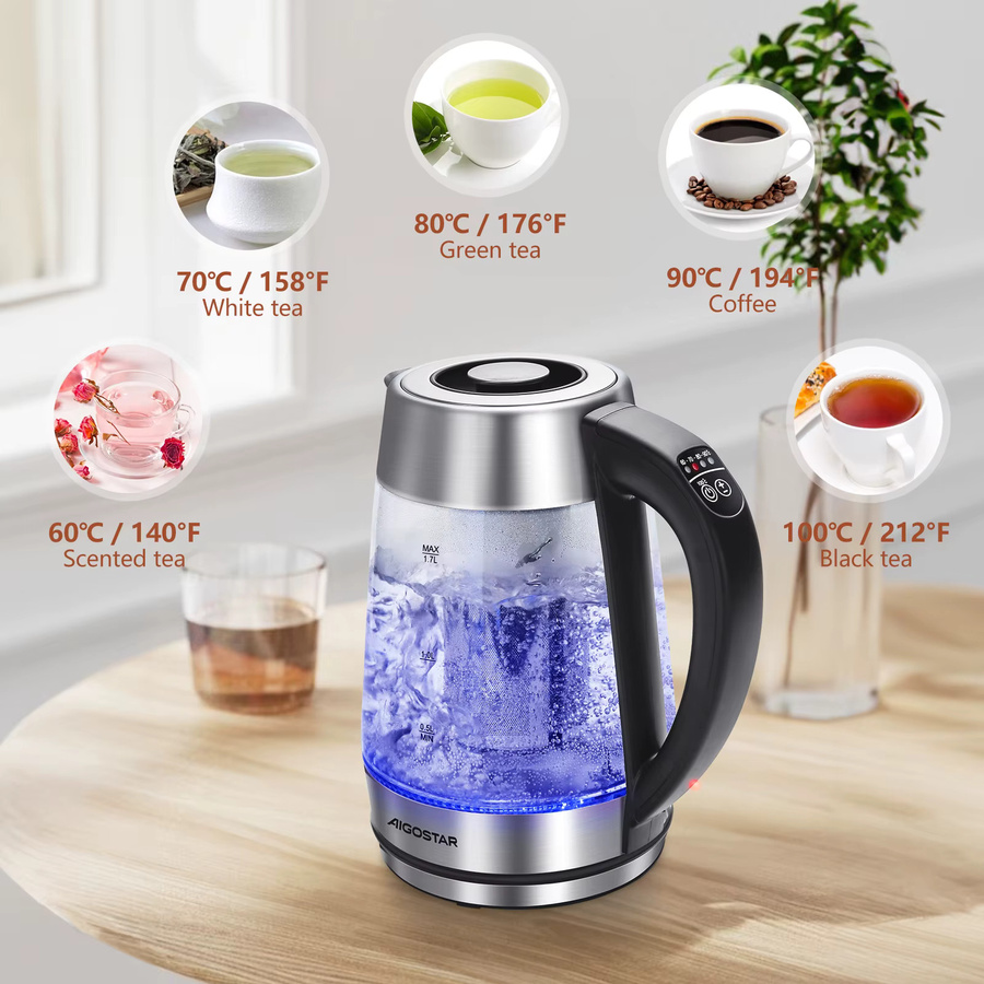 Aigo Star Cris Wasserkocher aus Borosilikatglas in Transparent mit Teekanne, 1,7 l, 2200W, 5 Temperatureinstellungen, Warmhaltefunktion und LED-Beleuchtung - Bild 6