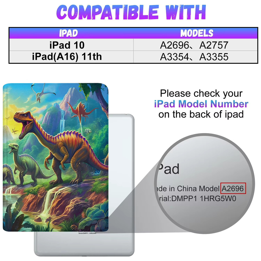 Apple iPad Schutzhülle mit Dinosaurier-Muster in Multicolor, Smart Cover mit Auto Wake/Sleep Funktion für iPad 10. Generation (10,9 Zoll) und 9. Generation (10,2 Zoll) - Bild 2
