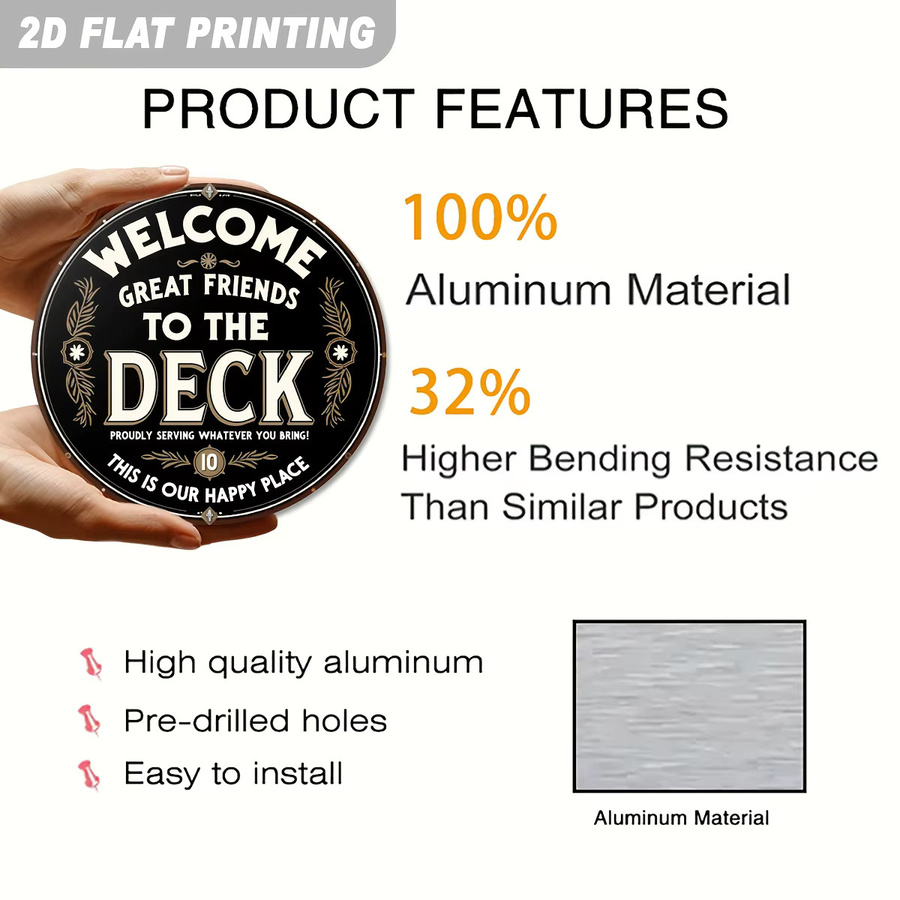 Potdemiel Vintage Willkommensschild Welcome Great Friends to Our Deck aus Aluminium-Metall in Schwarz und Gold, Durchmesser: 20 cm - Bild 4