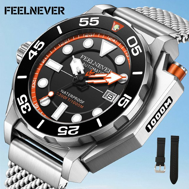 FEELNEVER Armbanduhr Automatik, Edelstahl, Silber, Herren, 1000 m wasserdicht - Bild 1