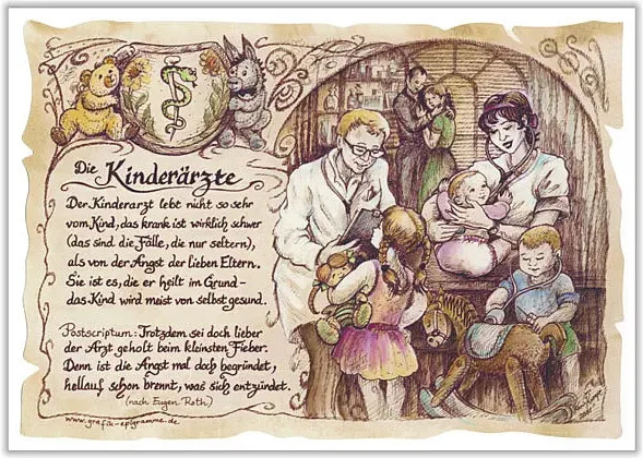 Zunftbild Kinderarzt als Grafik auf Antikpapier im A4-Format, Mehrfarbig - Bild 1