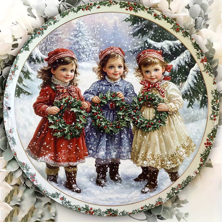 Potdemiel Metallschild Victoria Winter Christmas Scene Rund in Multicolour mit Vintage-Illustration zur Weihnachtsdekoration Durchmesser: 20 cm - Bild 4