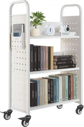 VEVOR Bücherwagen aus Kohlenstoffstahl in Weiß, einseitiges L-förmiges Bücherregal mit Doppelbremsrollen, B/T/H: 77 x 38 x 122 cm - Bild 1