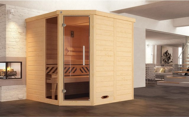 Weka Massivholzsauna Kemi Ecksauna mit BioS Glastür und Fenster, Farbe: braun/grau, B/T/H: 195 x 195 x 200 cm - Bild 1