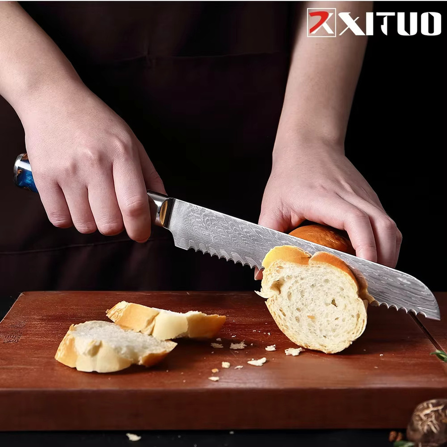 Xituo Brotmesser aus Damaststahl mit blauem Harzgriff, Länge: 20,3 cm - Bild 4